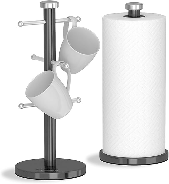 Morphy Richards 974036 Accents Kitchen Roll Holder and Mug Tree Set, Stainless Steel, Black, 15 x 15 x 34.5 cm