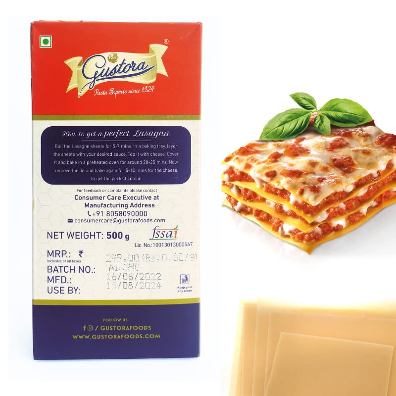 Image of Gustora Ready To Eat Lasagne Pasta Sheets I Layered Delight Of Flavor And Tradition I Durum Wheat Semolina I Vegetarian I Gluten Free Instant Lasagne Combo Sheets - (500 X 2)