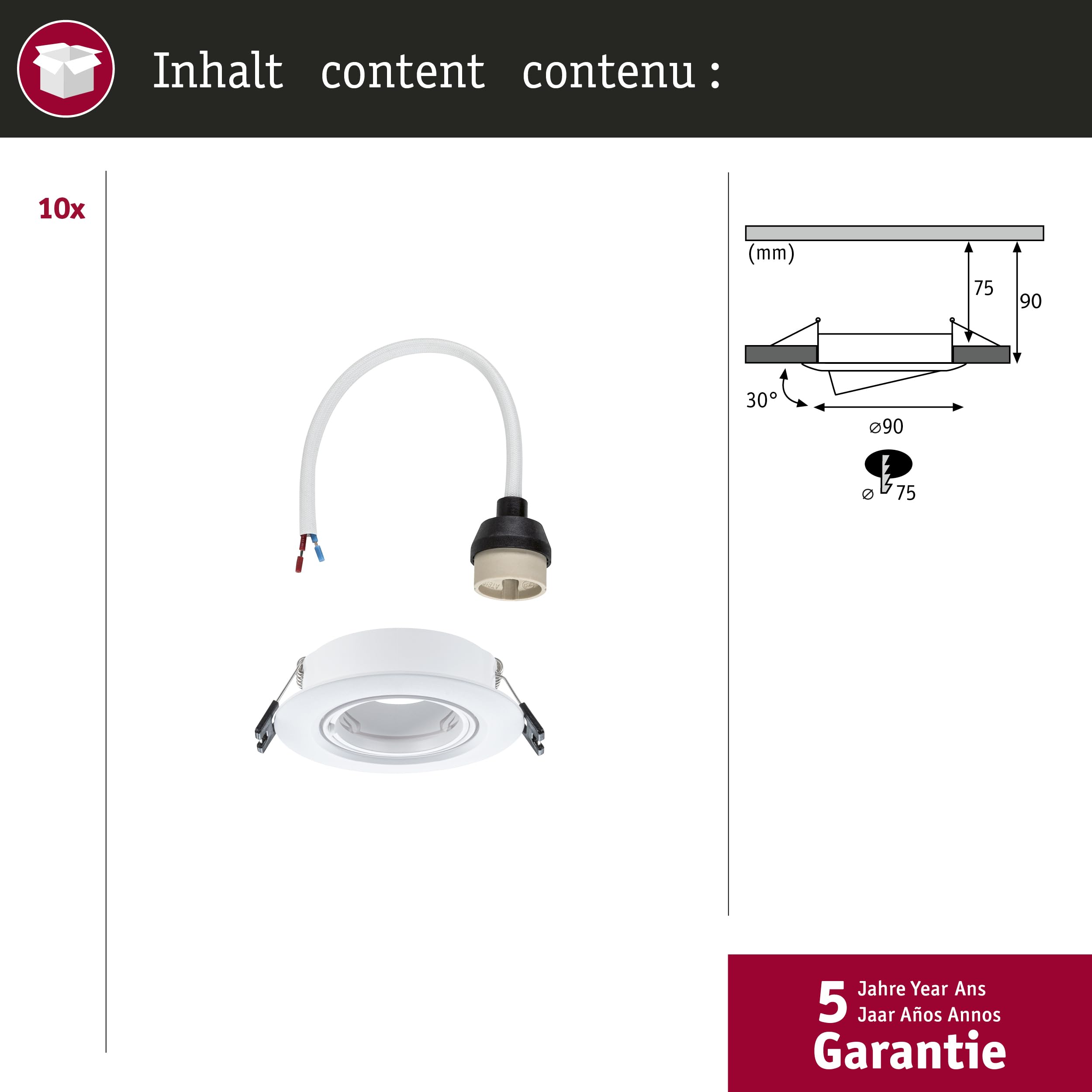 Paulmann 92115 Einbauleuchte 10er-Set schwenkbar rund 90mm 30° GU10 max. 10x10W 230V Weiß Einbaulampe