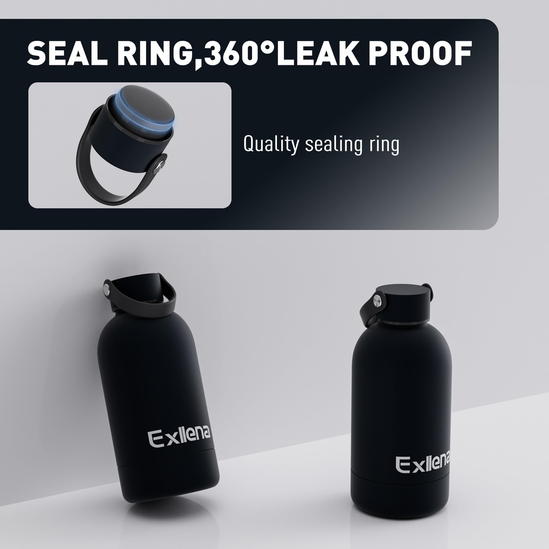 Exllena Borraccia Termica Piccola 350ml con Maniglia e Moschettone - Mini Borraccia Mantenere Calore/Freddo - Senza BPA - 100% A Tenuta Stagna per Escursioni, Campeggio, Viaggi...(Nero)