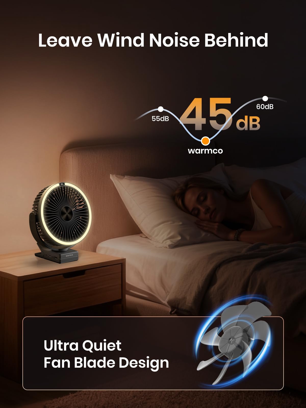 Warmco Ventilateur portable rechargeable à clip de 15000mAh, ventilateur de bureau alimenté par batterie de 20,3 cm, lanterne LED et crochet, rotation à 360° et 4 vitesses avec fort débit d'air pour