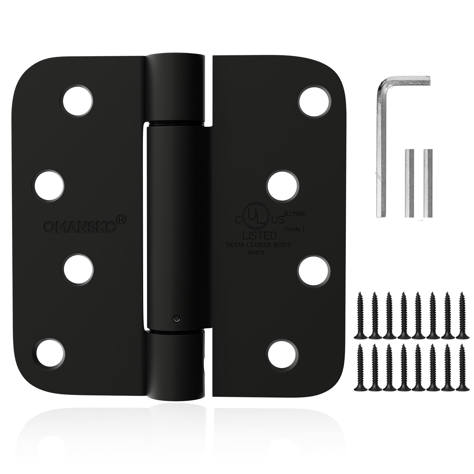 Paquete de 2 bisagras de puerta de cierre automático de 4 pulgadas, color negro mate, bisagras de cierre automático, esquinas de radio de 5/8 pulgadas, tensión ajustable para puerta interior, bisagra