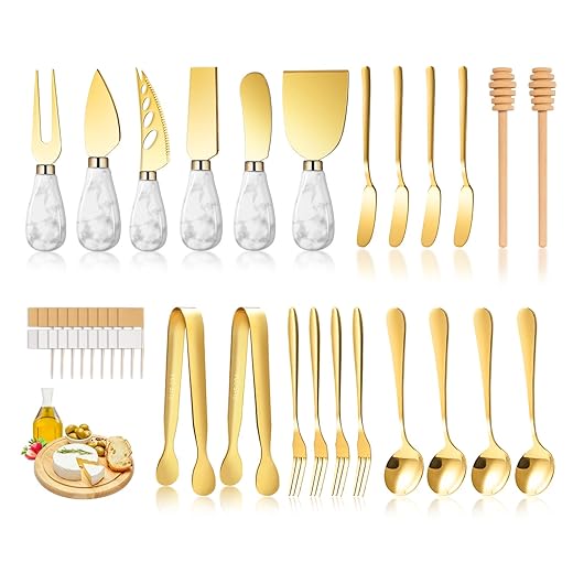 Marble Gold Cheese Knife Set, Ceramic Handle Charcuterie Board Accessories - Butter Spreader, Cheese Slicer, Serving Tongs, Spoons, Forks, Flags, Wooden Honey Dipper