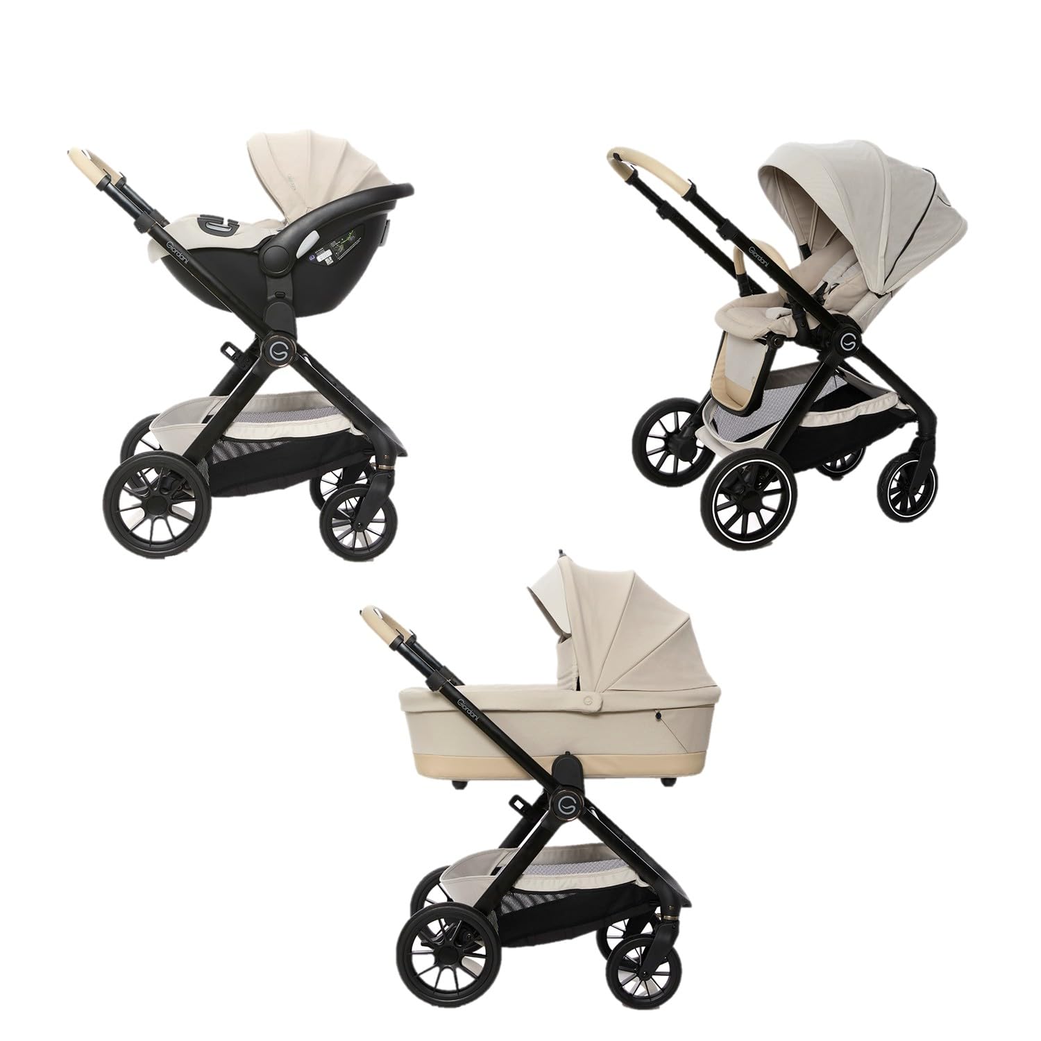 Giordani Trio Sistema Modulare G-Comfort, Passeggino Chiusura Automatica Fronte Mamma Strada 0-22kg, Navicella e Seggiolino Auto con Tasti Memory, Ruote Ammortizzate e Fibbia Magnetica