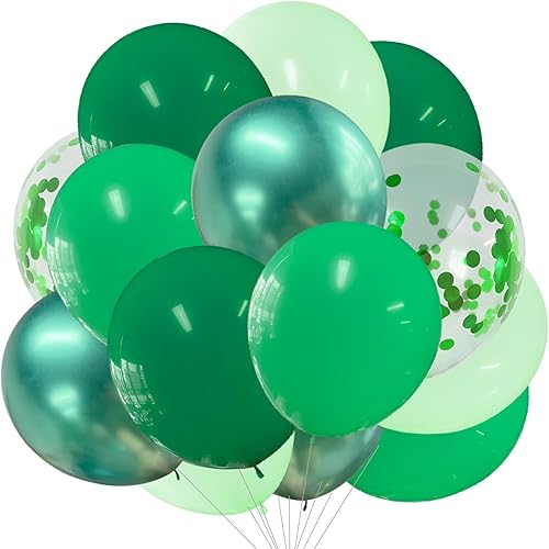 ANSOMO Green Latex Balloons Party Decorations 12 Inch 50 Pcs Dark Pastel Metallic Chrome Emerald Forest Green Confetti Jungle Safari Wild Birthday Baby Shower Graduation Décor Supplies Boys