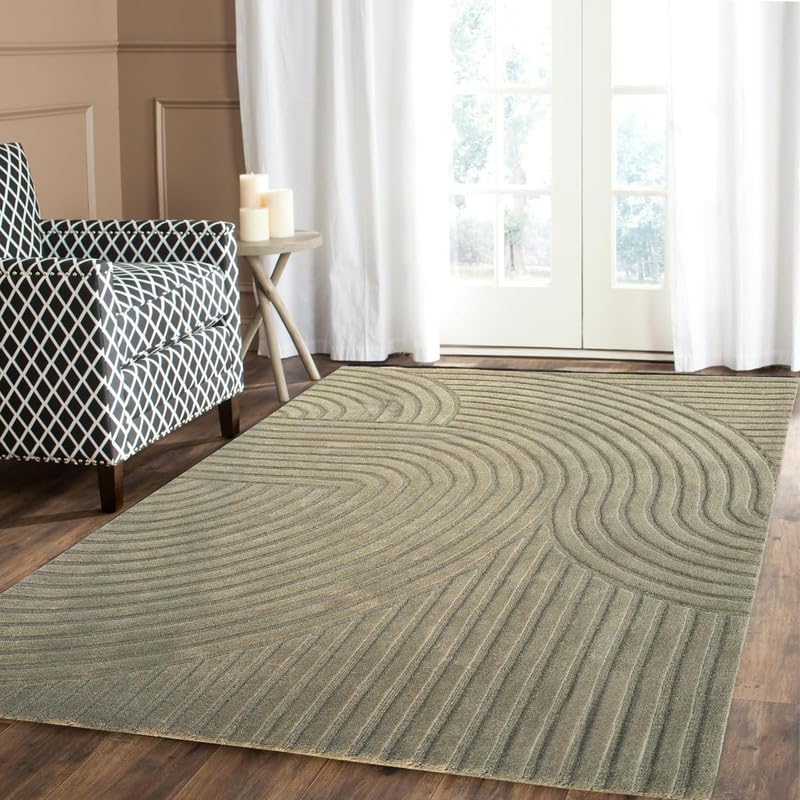 Image of Hand Tufted Modern Design Exported Collection High Low Pattern Wool Carpet for Living Room, Bedroom & Hall (Olive, 15 x 20 Feet)