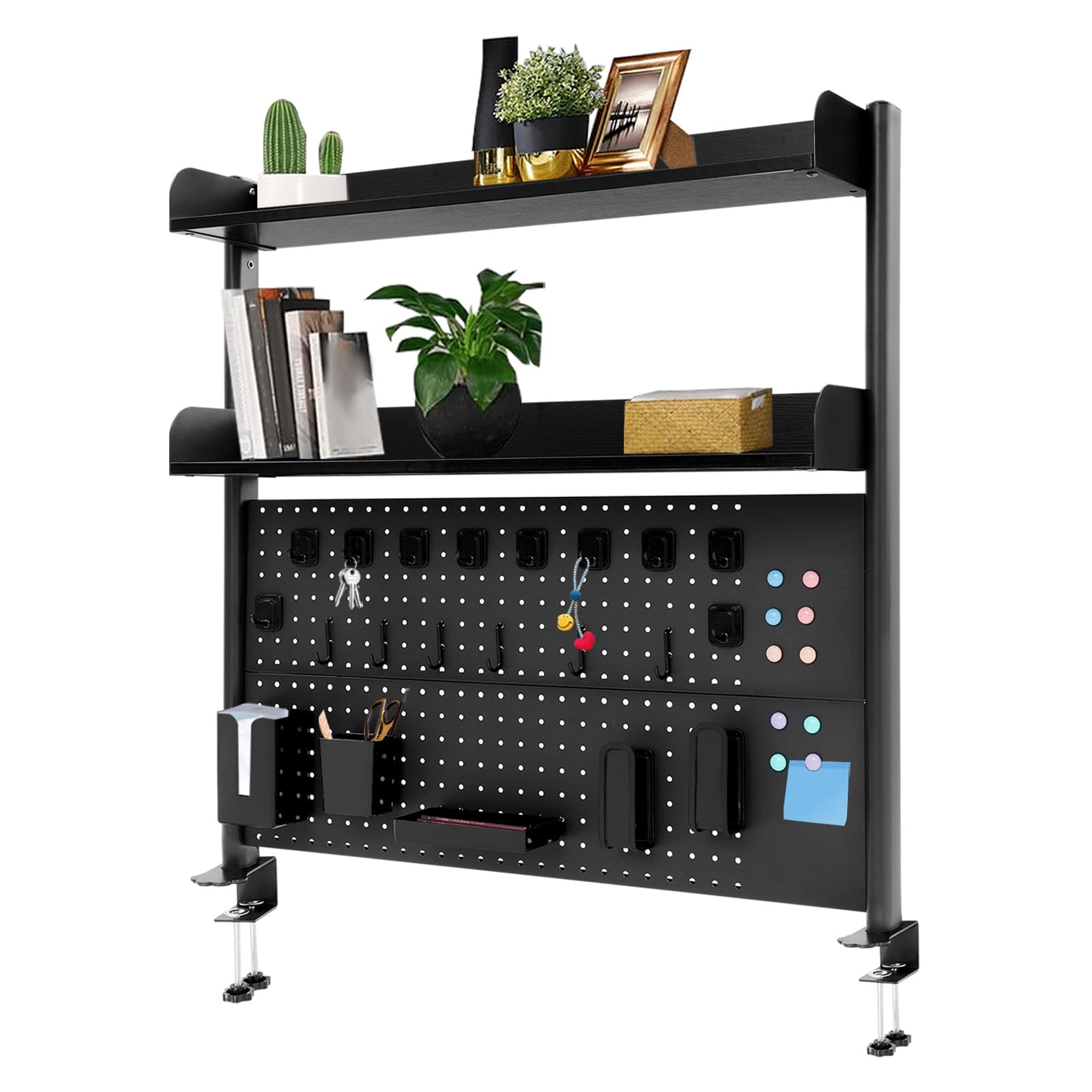 Scaffale da tavolo in acciaio al carbonio, per ufficio, camera da letto, 2 ripiani, organizer da scrivania con bacheca, ripiano per cancelleria, scaffale per documenti (nero, 100 x 95 x 12,5 cm)