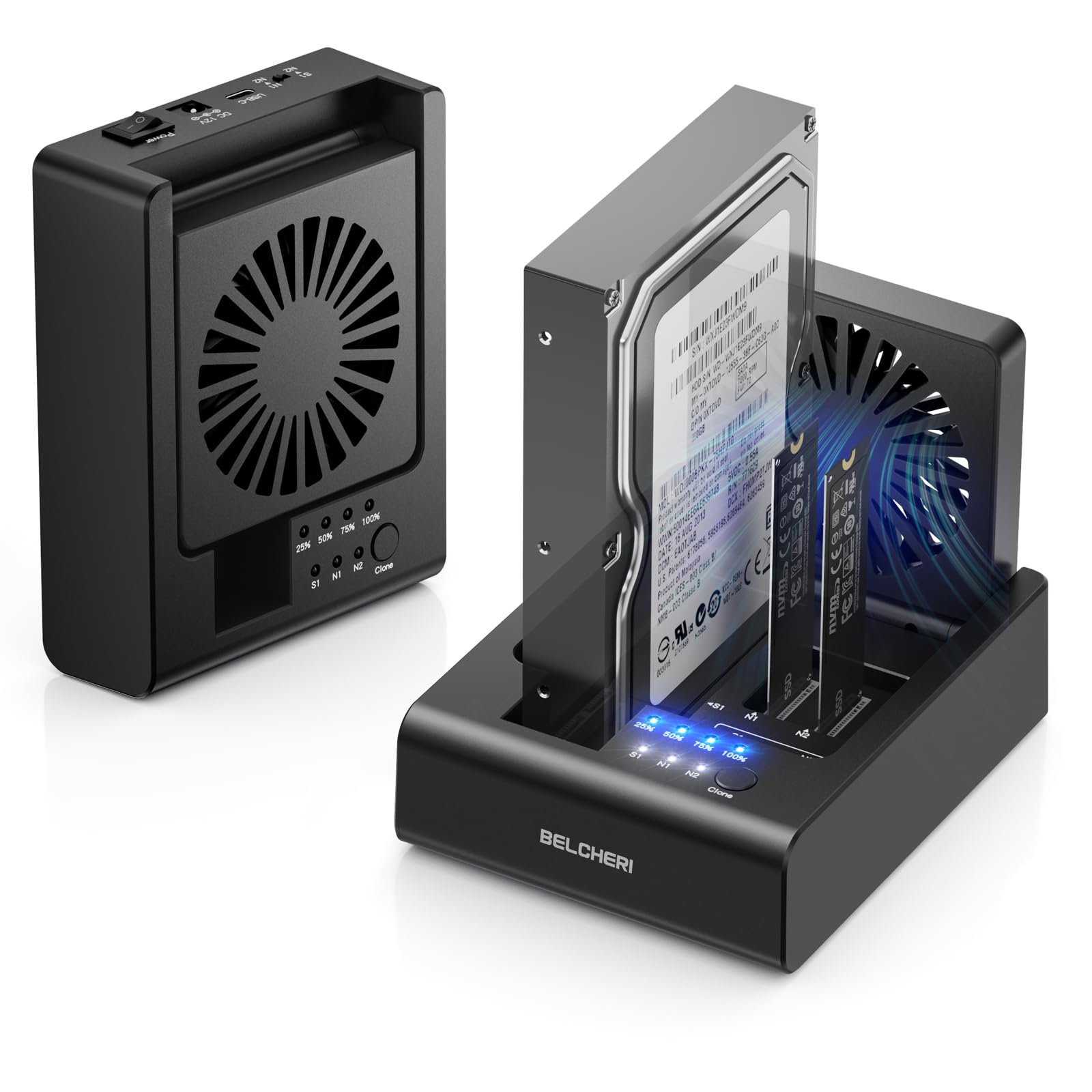 Base de 3 bahías para clonación de discos duros, USB 3.2 Gen 2, 10 Gbps, para M.2 NVMe SSD y SATA HDD de 2,5"/3,5", HDD/M.2 NVMe SSD Cloner Docking Station con ventilador plegable