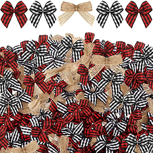 150 Pcs Christmas Checkered Natural Mini Bow Tiny Twist Tie Handmade Craft Ribbon for Hair, Buffalo Plaid Small Bow Craft Supply for DIY Sewing Party Decor (Plaid Black White, Red Black, Beige)