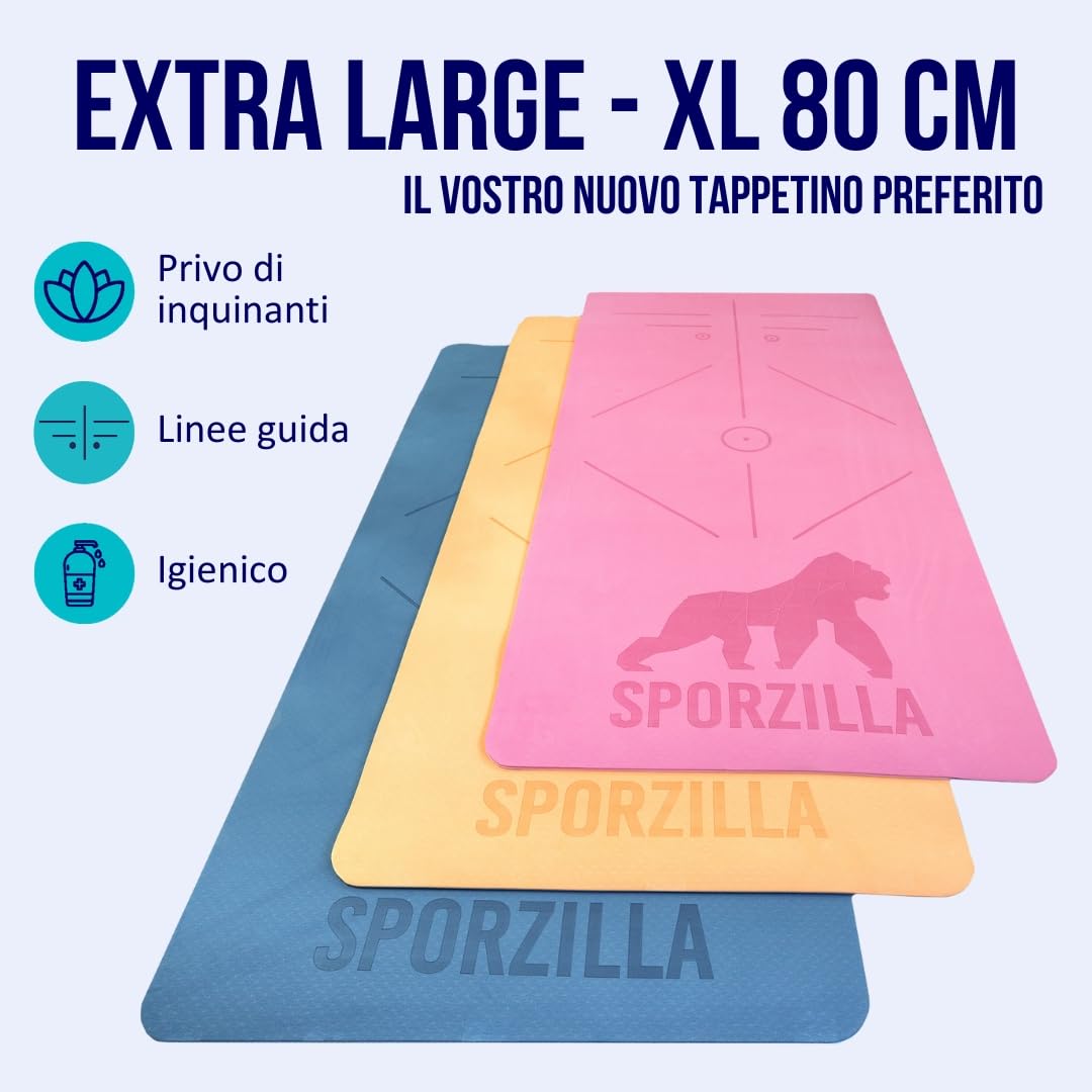 Premium XL tappetino fitness e yoga, extra largo 80 cm, spessore 8 mm, antiscivolo e privo di sostanze nocive, con linee ausiliarie