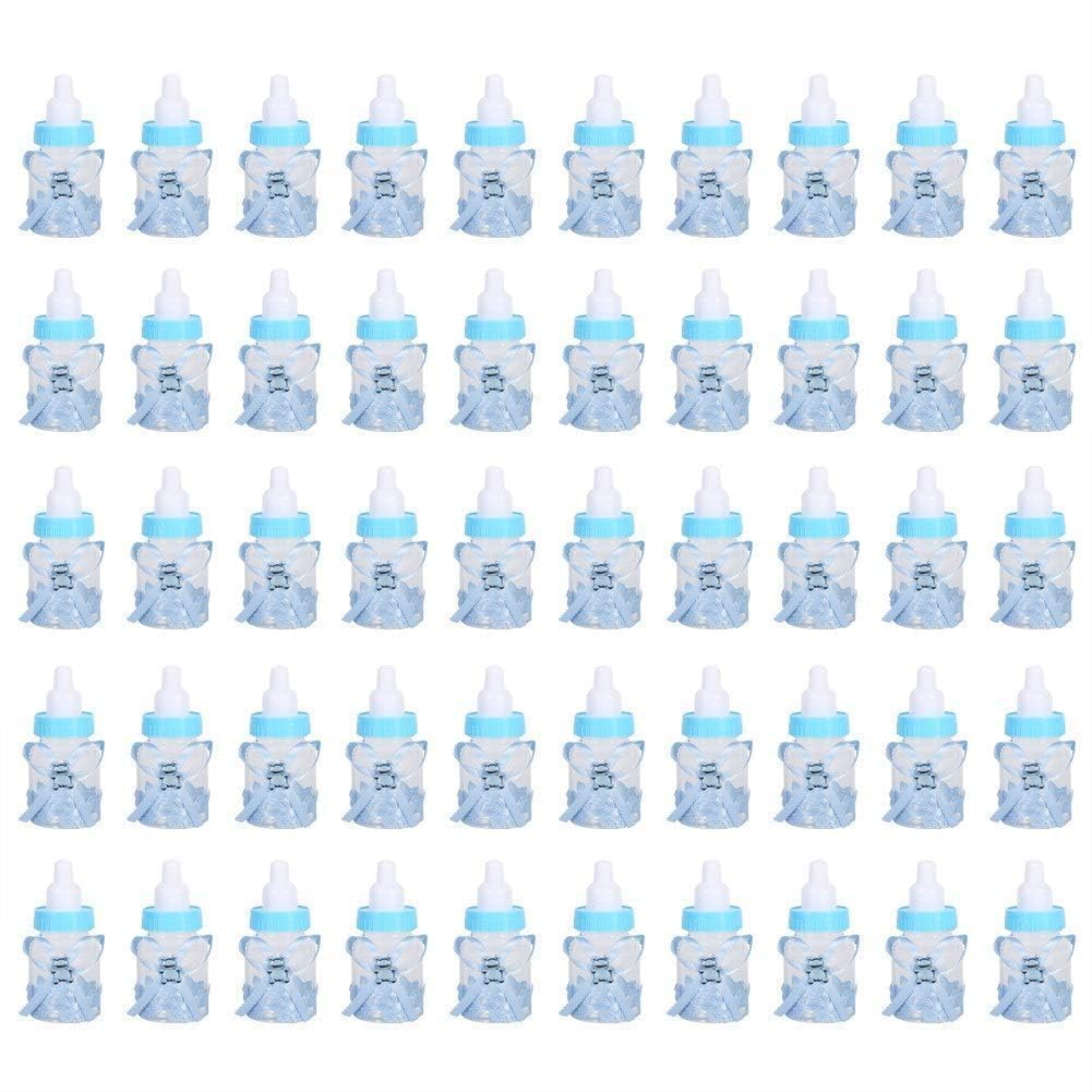 50 Pezzi doccia bambino Mini Biberon, Piccola bottiglia di plastica dell'orso della caramella con il nastro per il decoro della festa del battesimo del neonato della ragazza del ragazzo, Blu