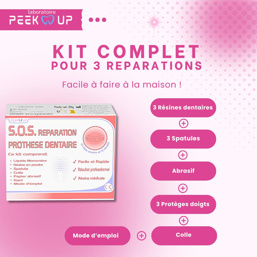 RESINE DENTAIRE KIT POUR 3 REPARATIONS, Réparez votre dentier cassé vous même, prédosé facile d'utilisation.