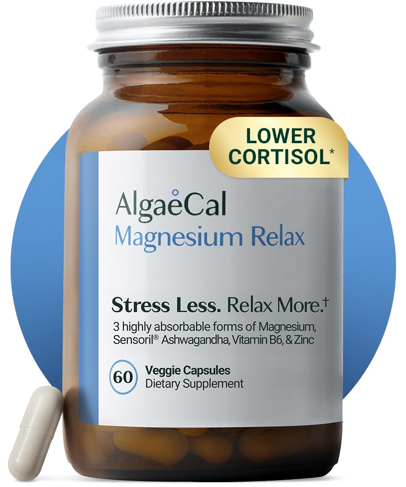 AlgaeCal Magnesium Relax - Chelated Magnesium with Ashwagandha for Sleep & Occasional Anxiety - Glycinate, Malate, Citrate - Sleep, Mood, & Cortisol Support (60 Caps - 1 Month Supply) 60 Count (Pack of 1)