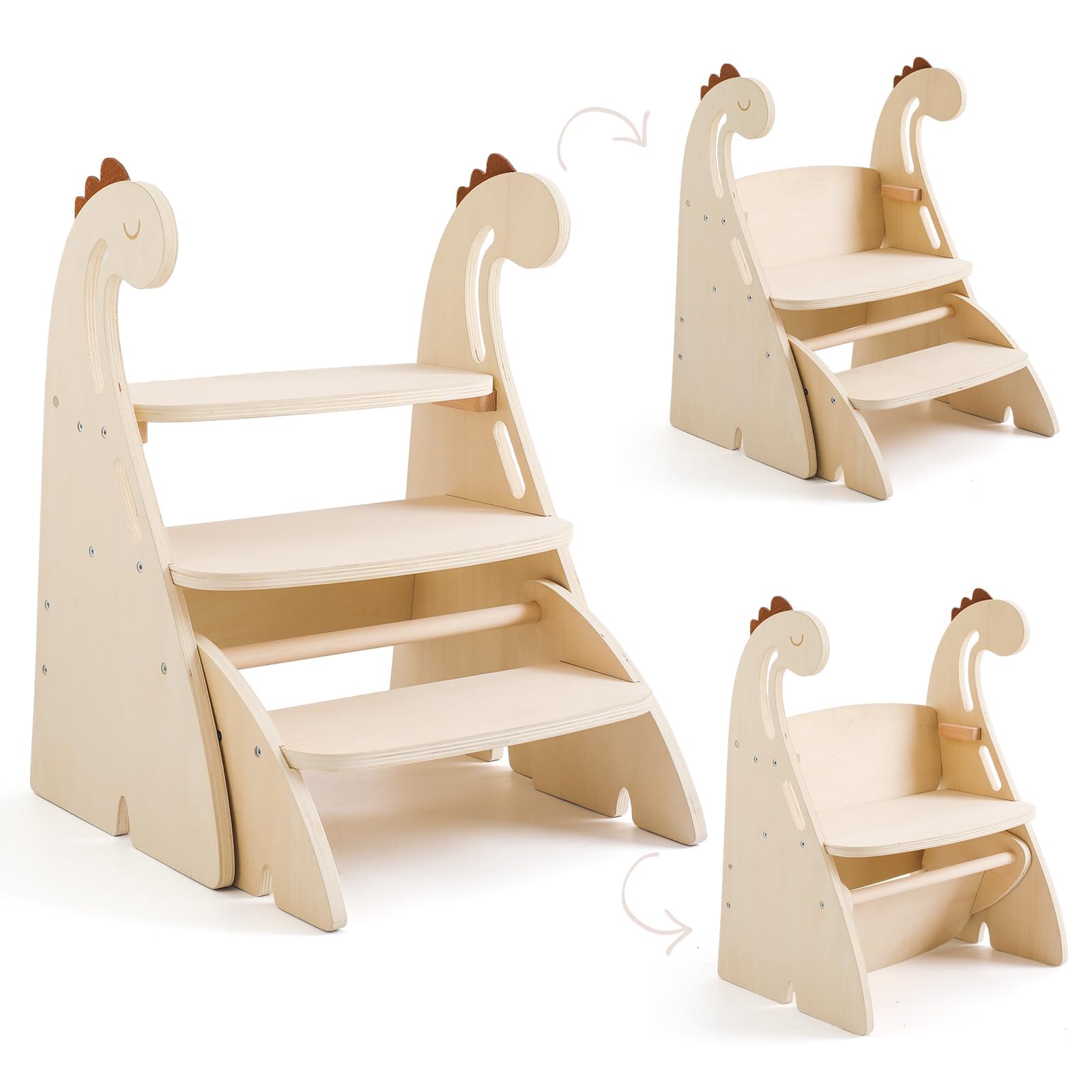 Promise Babe Montessori Learning Tower 3 Levels Wooden Step Stool for Children, Dinosaur Foldable Learning Tower Against Wall Cabinet Height Adjustable Children's Chair Wooden Foldable Step Stool
