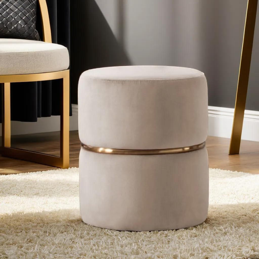 Ottoman Stool for Living Room Sitting Pouffe Foot Stool Upholstered Pouffe Puffy Foot Rest Home Furniture Pouf Round Stool for Office Room Dcor -(Cream)-image-23