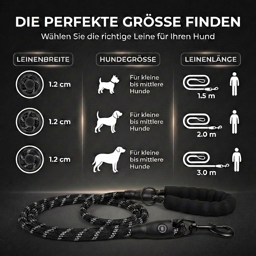 HUND IST KÖNIG Smycz dla psa, na spacery i treningu, z miękkim uchwytem i elementami odblaskowymi, idealna smycz do noszenia na co dzień dla psów o wadze 10-25 kg (True Black, 3,0 x 1,2 cm)