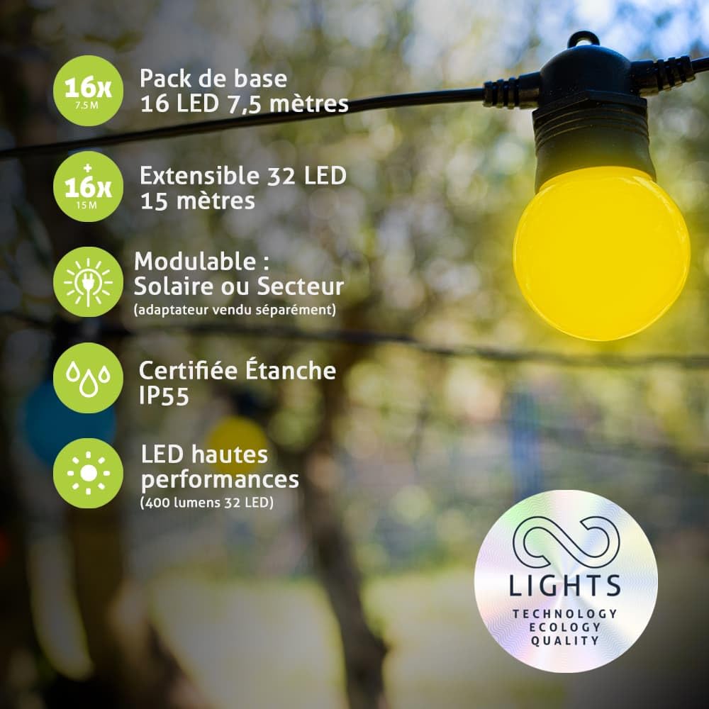 GuirLED - Solare und wasserdichte Lichterkette IP55 Guinguette Premium - 16 LED 7,5 Meter - Erweiterbar - 100% Autonom - XL-Photovoltaikfolie - Lithium-Batterie 4000 mAh - White Edition