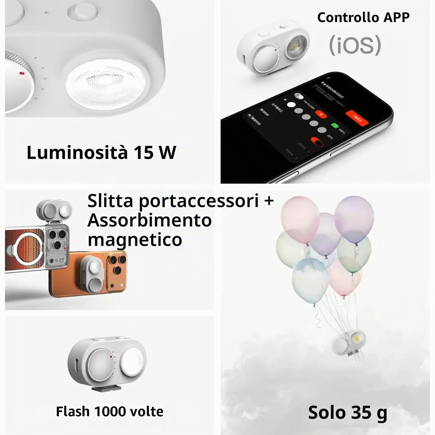 Fotogear FL01 COB - Luce flash per cellulare, 15 W, adesione magnetica, 35 g, 5700 K/92 + CRI, compatibile con iOS/Android per luce notturna, ritratto e fotografia di prodotto