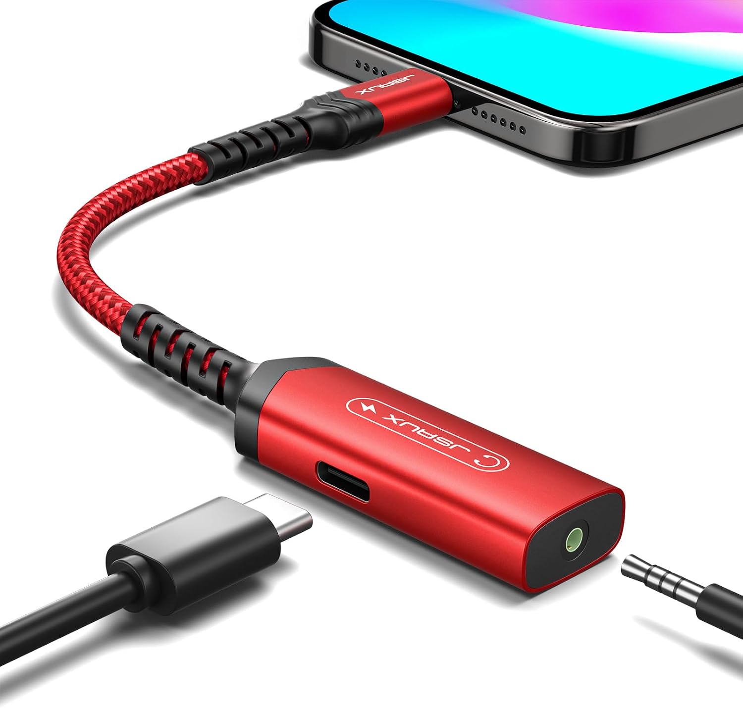 JSAUX USB C to 3.5mm Headphone and Charger Adapter,2-in-1 AUX Mic Jack with PD 60W Fast Charging Compatible with iPhone 15 Pro Max/15 Pro/15, Galaxy S24/S24+/S24 Ultra/S23/S22/S21,iPad Pro-Red