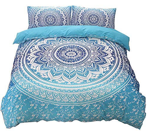 Meeting Story Mandala Bohemian Design 3Pcs Duvet Cover Set (Queen, Blue)
