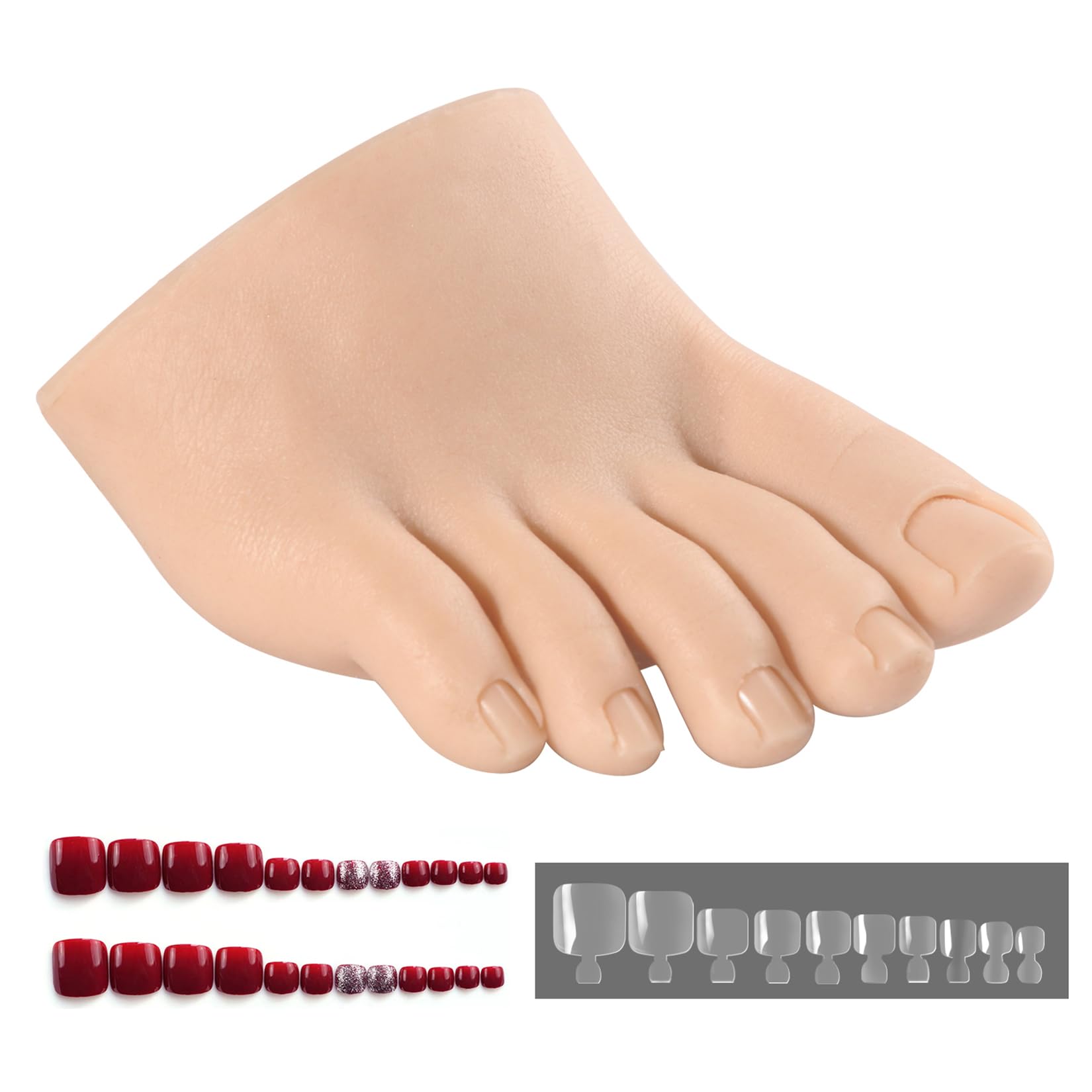 Silikon Übungsfußmodell für Nageldesign Anfänger Realistische Künstliche Halber Fuß & 524 Stück Acryl Nägel Set Modellübung Maniküre Üben Werkzeug Tattoo DIY Zubehör (Recht, Hell)