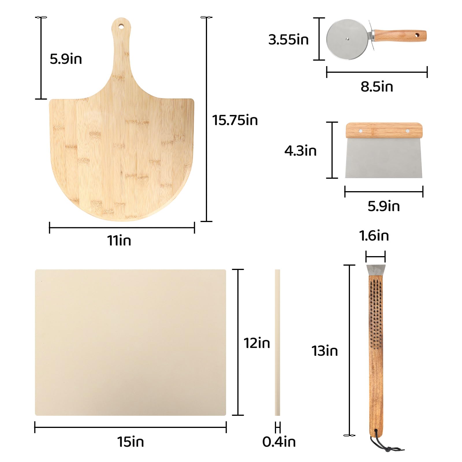Juego de 5 piedras para pizza para horno y parrilla, herramientas para hacer pizzas con piedra de hornear de 37,5 cm, pala para pizza, cortador de pizza con rueda, cepillo para horno, raspador, para