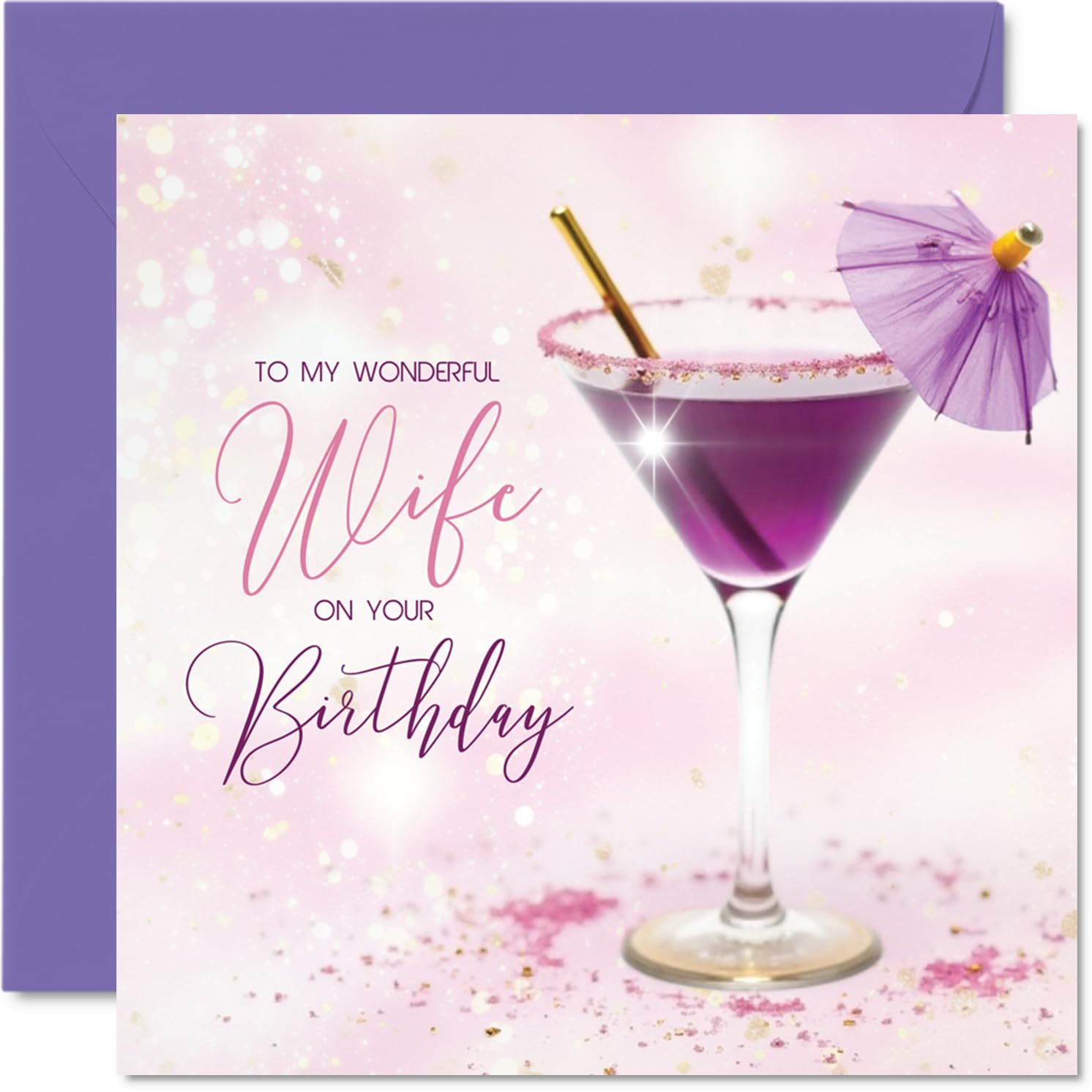 Wife Birthday Card - Purple Cocktail - Happy Birthday Card for Wife from Husband Partner, 145mm Purple Cocktail Bday Greeting Cards