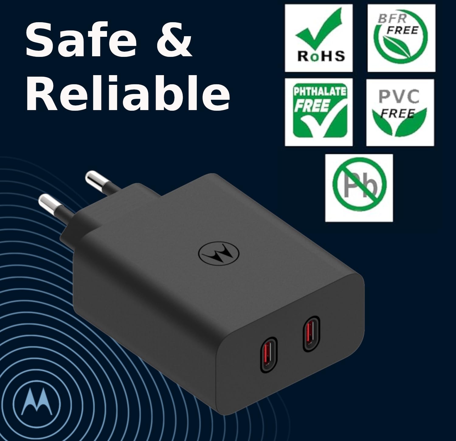 Motorola Chargers - Caricabatterie rapido TurboPower GaN a doppia porta da 125W con cavo USB-C a USB-C da 1 m, 6,5A, marchio E. IMPORTANTE: solo i prodotti Motorola originali riportano il logo "M".