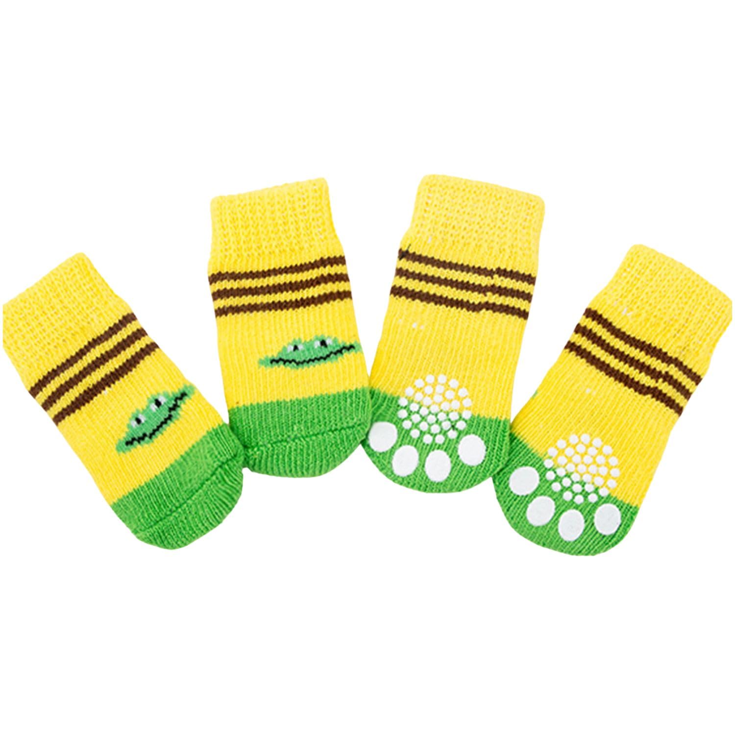 MeiAOBest 4PCS Pet Socks,Cute Knitting Anti-Slip Cat Dog Floor Socks Paw Protectors Cove for Indoor Outdoor Hot Pavement Hardwood Floor Protection_L(Green Yellow Frogs)