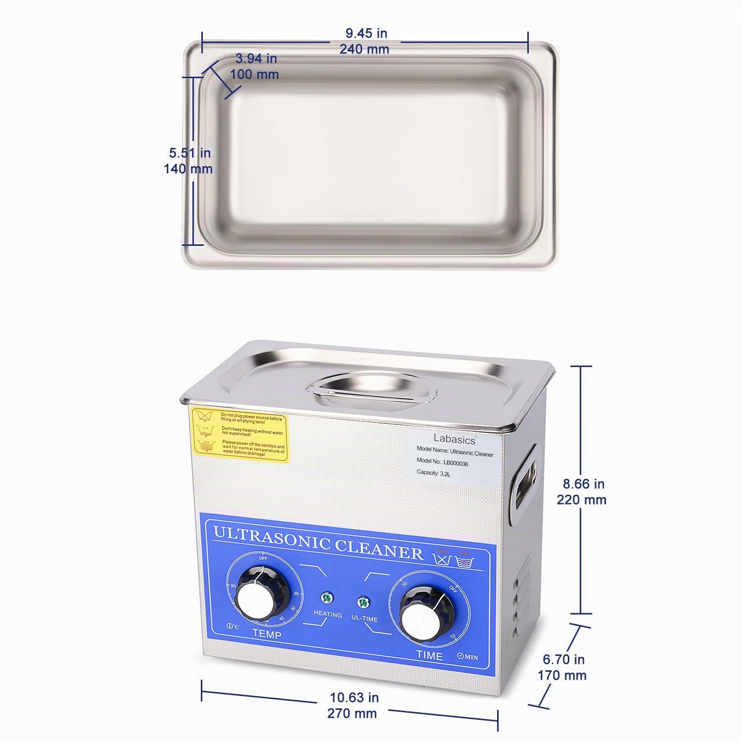Labasics Ultraschallreiniger, 304 Edelstahl Allzweck-Ultraschallreiniger mit Mechanischem Bedienfeld für Heizung und Zeitschaltuhr für Labor 40kHz 220V, 3.2L