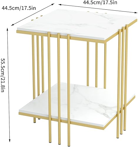 Miniatura 12 de Wisfor Mesa auxiliar de piedra sinterizada: mesa auxiliar de sofá blanca cuadrada de 2 niveles - Mesa de centro pequeña con marco negro - Mesita de