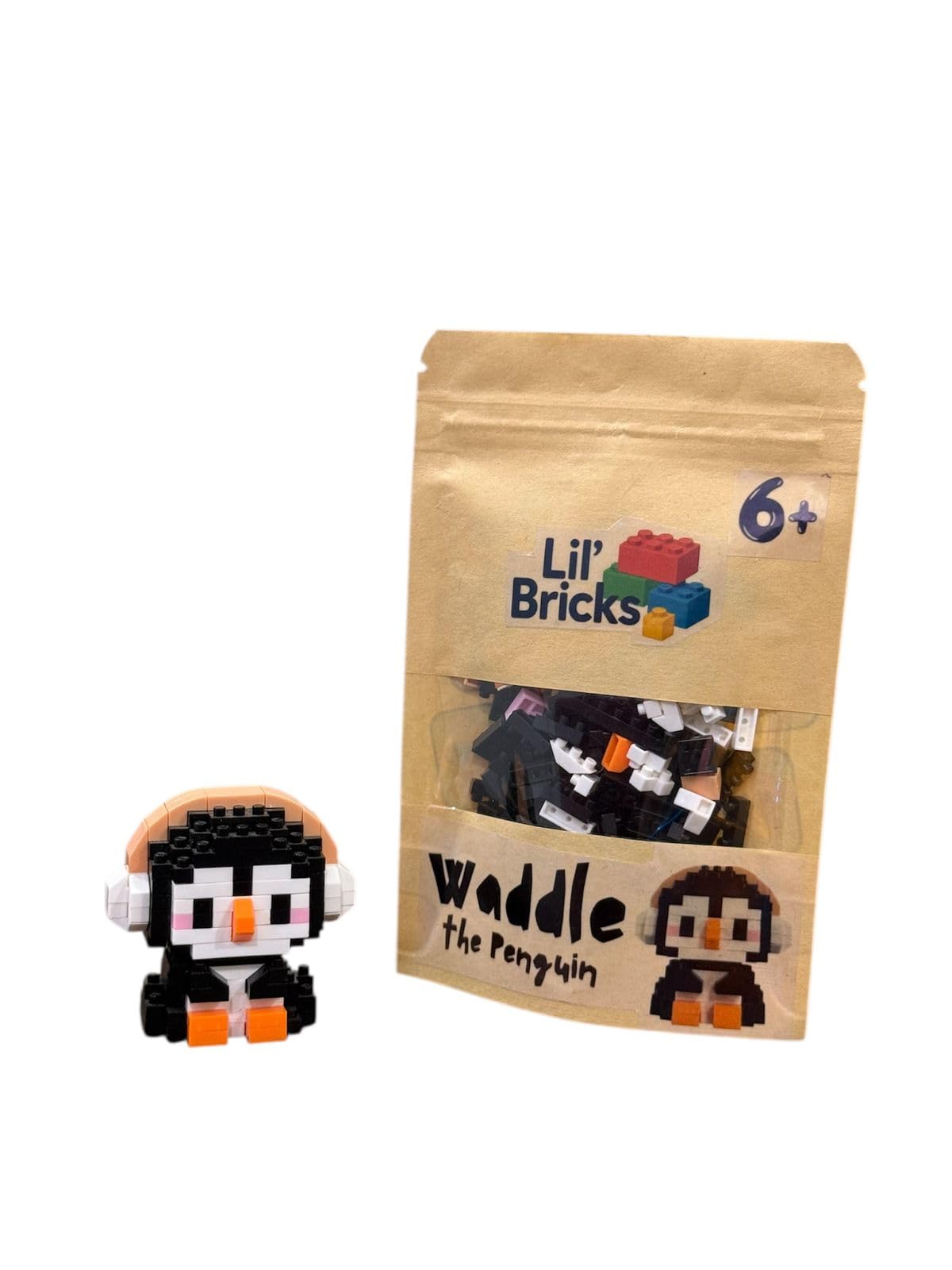 Waddle the Penguin | Lil'Bricks | Building Block Figure, Pixel Art Style, Black and White with Orange Feet-image-2