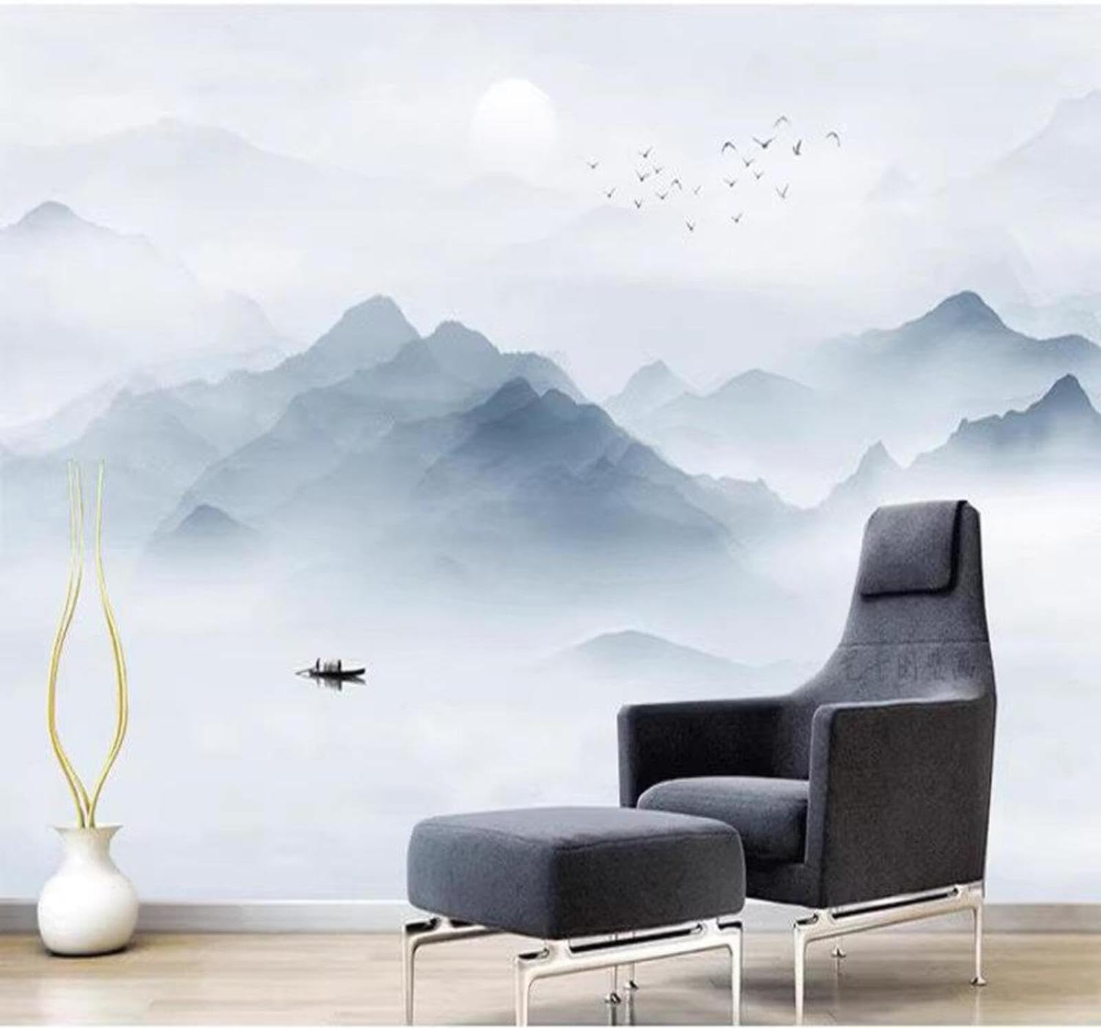 Minimalist Blue Ink Wash Landscape Scenery 3D Wallpaper Easy Install Feature Office Living Room Sofa Bedroom TV Background Wall Decoration-250cm×170cm