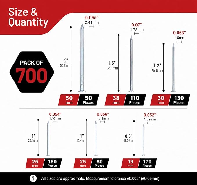 Kit de Clavos para Colgar Cuadros y Decoración de Pared – 700 Unidades de Clavos de Acero Galvanizado en 6 Tamaños: 3/4", 1", 1-1/4", 1-1/2", 2" y Clavos de Acabado miniatura 2