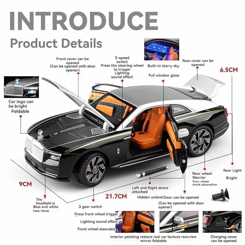 Image of 1:24 Scale Big Rolls Royce Spectre Toy Car | Metal Pullback Diecast Car for Kids with Openable Doors, Sound, Light Effects Toy for Car Enthusiasts (Color As Per Available),blue