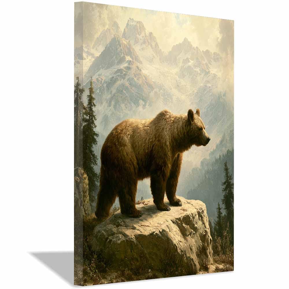 PUQAAEO Wall Art Painting Grizzly Bear Prints On Canvas Wild Peakss Grizzly Animal Pictures Wall Art for Home Cabin Decoration Rustic Farmhouse Decor(Multicolor)-60x90cm Framed