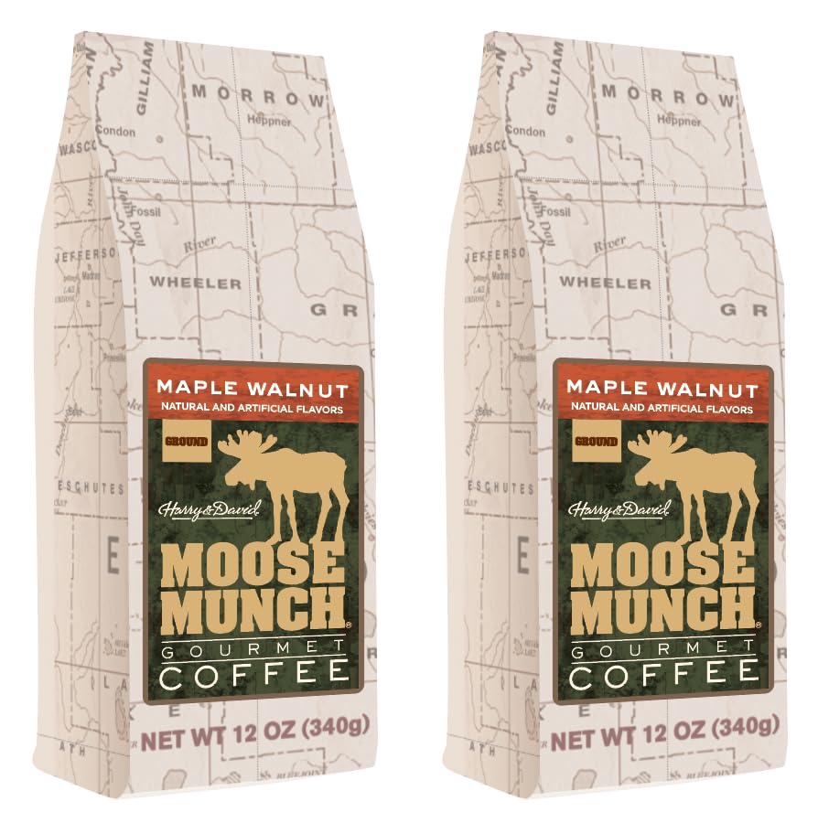 Moose Munch Maple Walnut Ground Coffee – 2 Pack, 12 oz Bags – Sweet Maple Flavor with Nutty Walnut Flavored Medium Roast Coffee