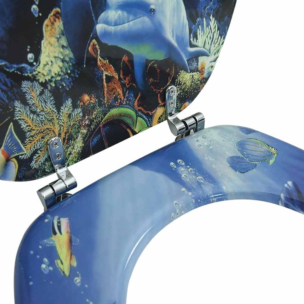 Sedile WC in MDF con motivo delfino, coperchio e sedile in MDF ad alta resistenza, cerniere in lega di zinco cromato, regolabile da 12 a 20 cm, adatto per WC comuni, semplice