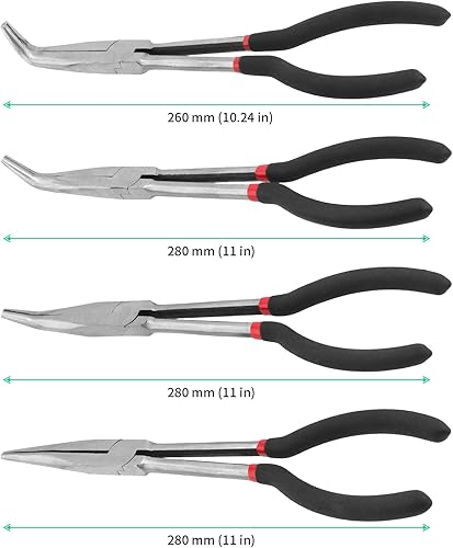 Miniatura 2 de FUNSUEI Juego de 4 alicates de punta larga de 11 pulgadas, alicates de punta de aguja, rectos y curvos (25, 45, 90) para reparación de cables,