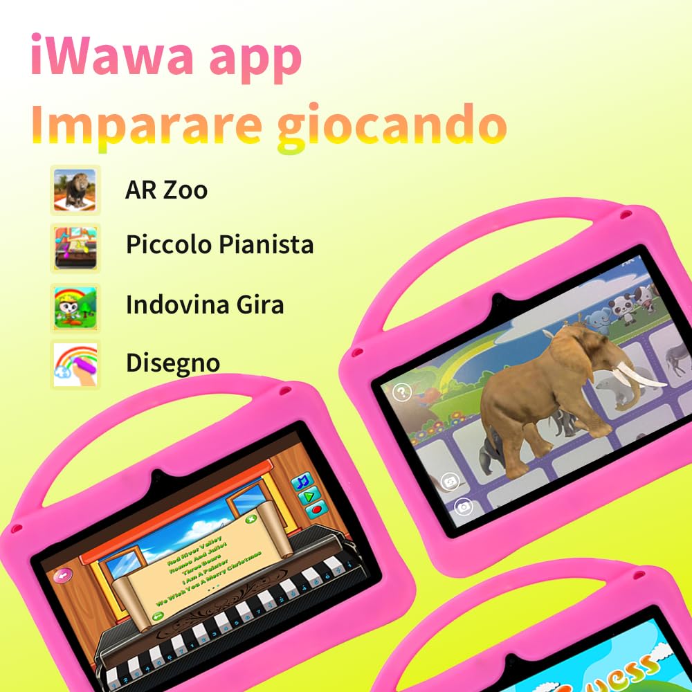 Veidoo Tablet 7" Bambini, 2 GB RAM, 32 GB ROM, App iWawa, Controllo Genitori, Schermo Protezione Oculare, Giochi Educativi, WiFi, Doppia Camera, Custodia Silicone (Rosa)