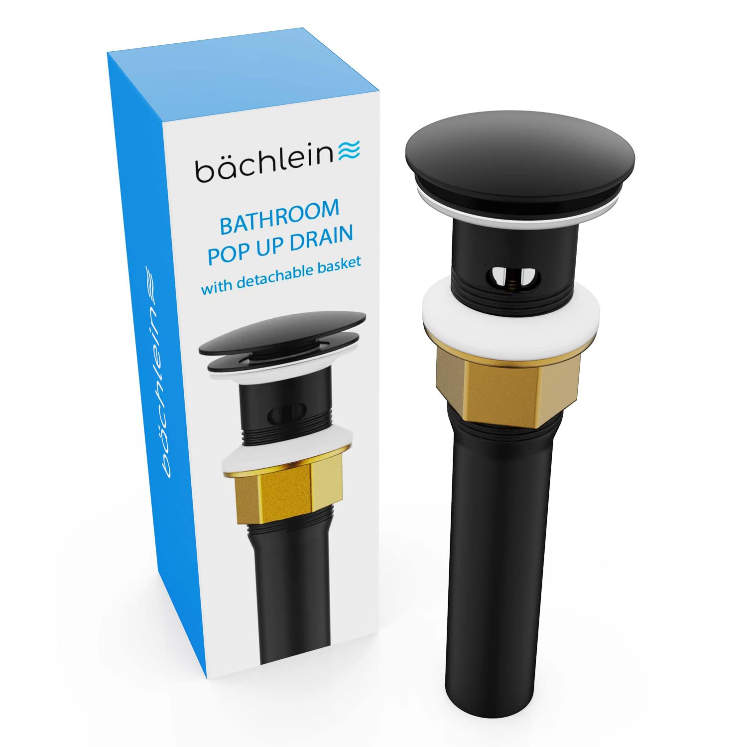 Bathroom Sink Drain with Overflow - Matt Black Pop Up Drain incl. 3 Extra Seals - German Brand