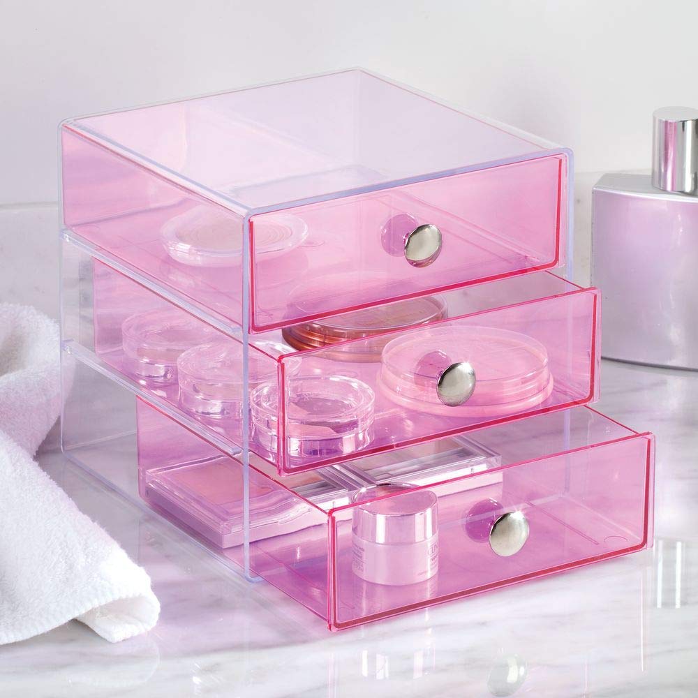 InterDesign 3-Drawer Storage Organizer for Cosmetics, Makeup, Beauty Products or Kitchen/ Office Supplies, Berry, Set of 4