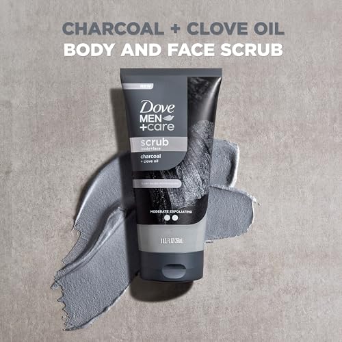 Image of DOVE MEN + CARE Body and Face Scrub Charcoal & Clove Oil Deeply Exfoliates for Hydrated & Nourished Skin 100% Gentle Cleanser, No Sulfate Cleansers or Parabens 9 oz