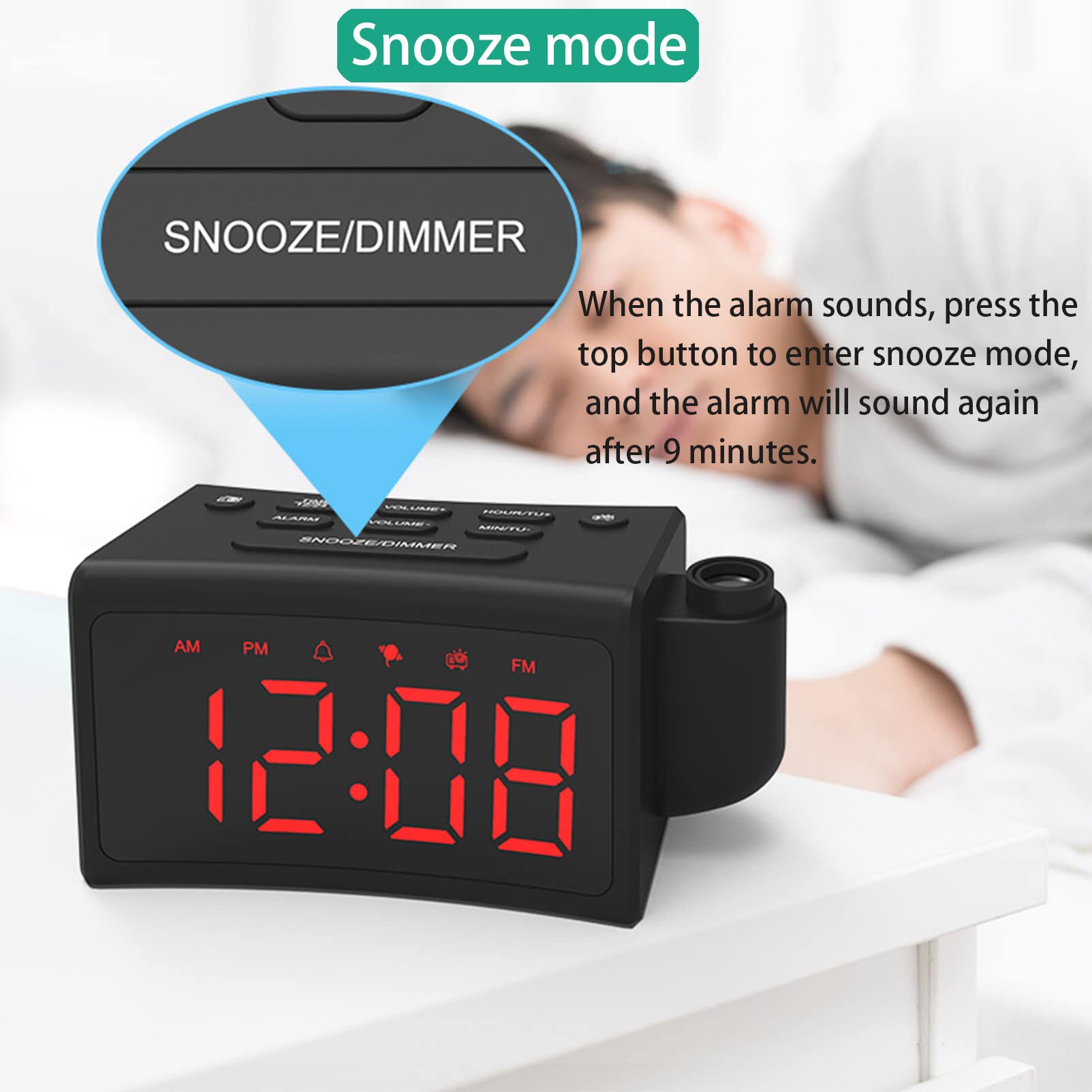 Radio-réveil à Projection FM, avec Port USB avec Double Alarmes, Interrupteur 12/24 Heures - pour Chambre à Coucher, Bureau