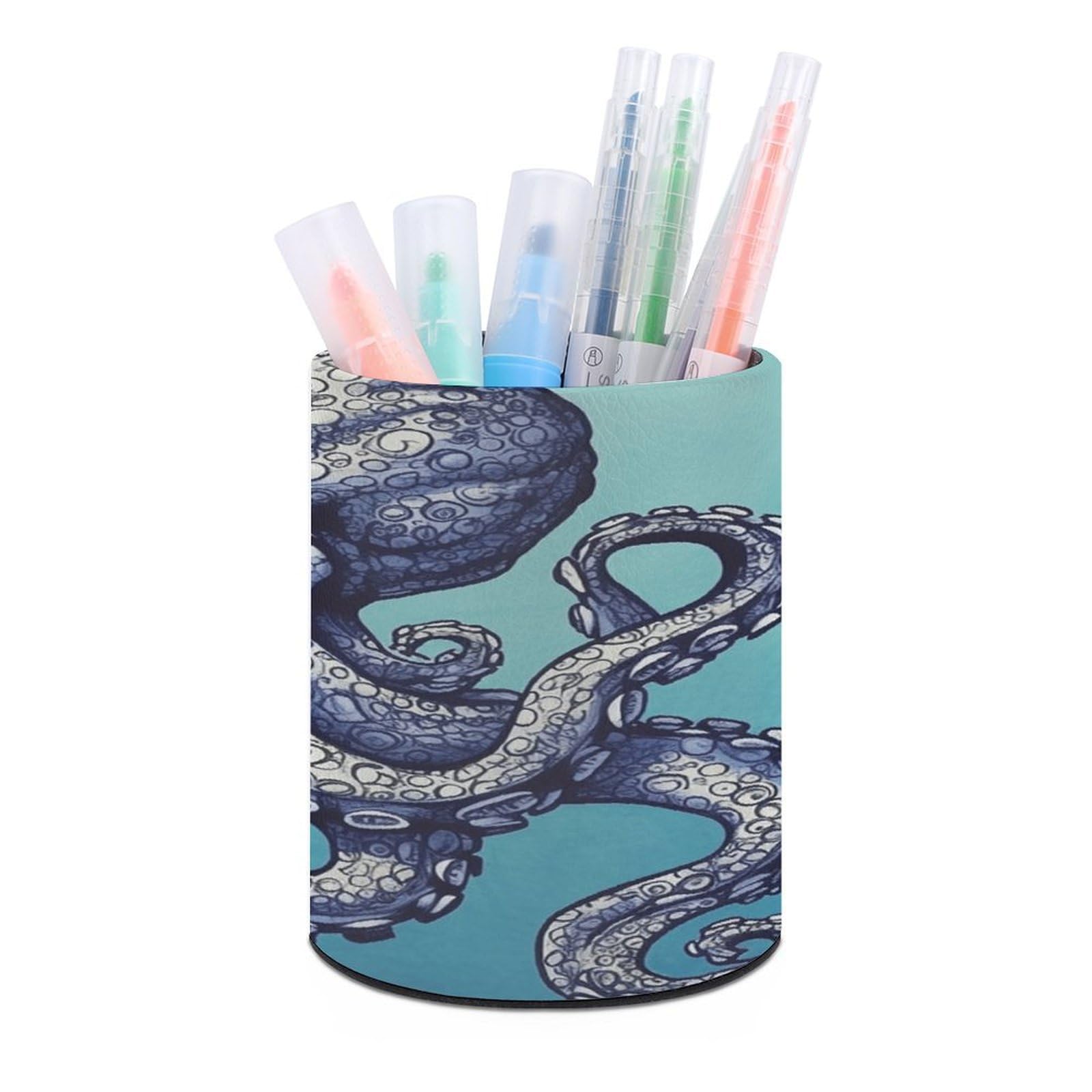 VstaDank Octopus Design Pen Holder PU Leather Pencil Cup Minimalist Desk Pencil Holder Round Make Up Brush Organizers For Office Dorm Room&Vanity Desk Accessories