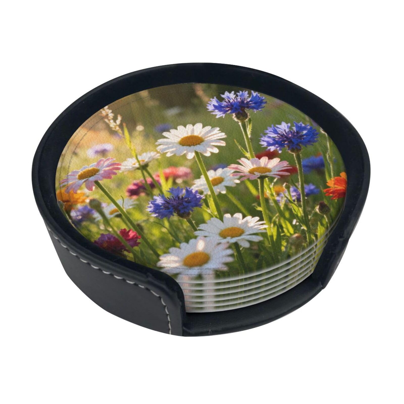Cntdbu White Wild Flower Meadow Leather Coasters Set Of 6-Pu Leather Drink Mats For Table, Heat Resistant Round Coasters With Holder