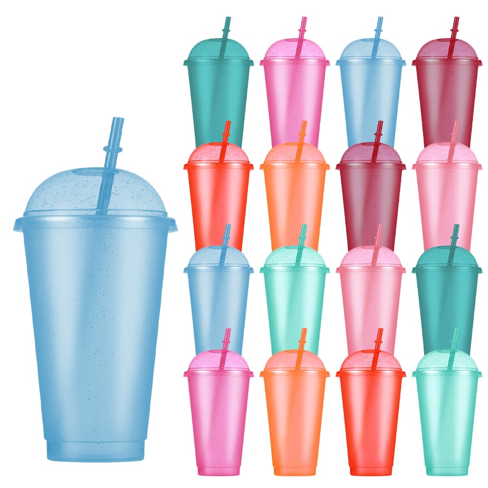 Jonuin 16 Pack 475ml Reusable Plastic Cups with Lids and Straws, Plastic Cups Colorful Glitter Tumblers for Cold Drinks Iced Coffee Set for Birthday Hen Do Party Travel Beverages Drinking (8 Colors)
