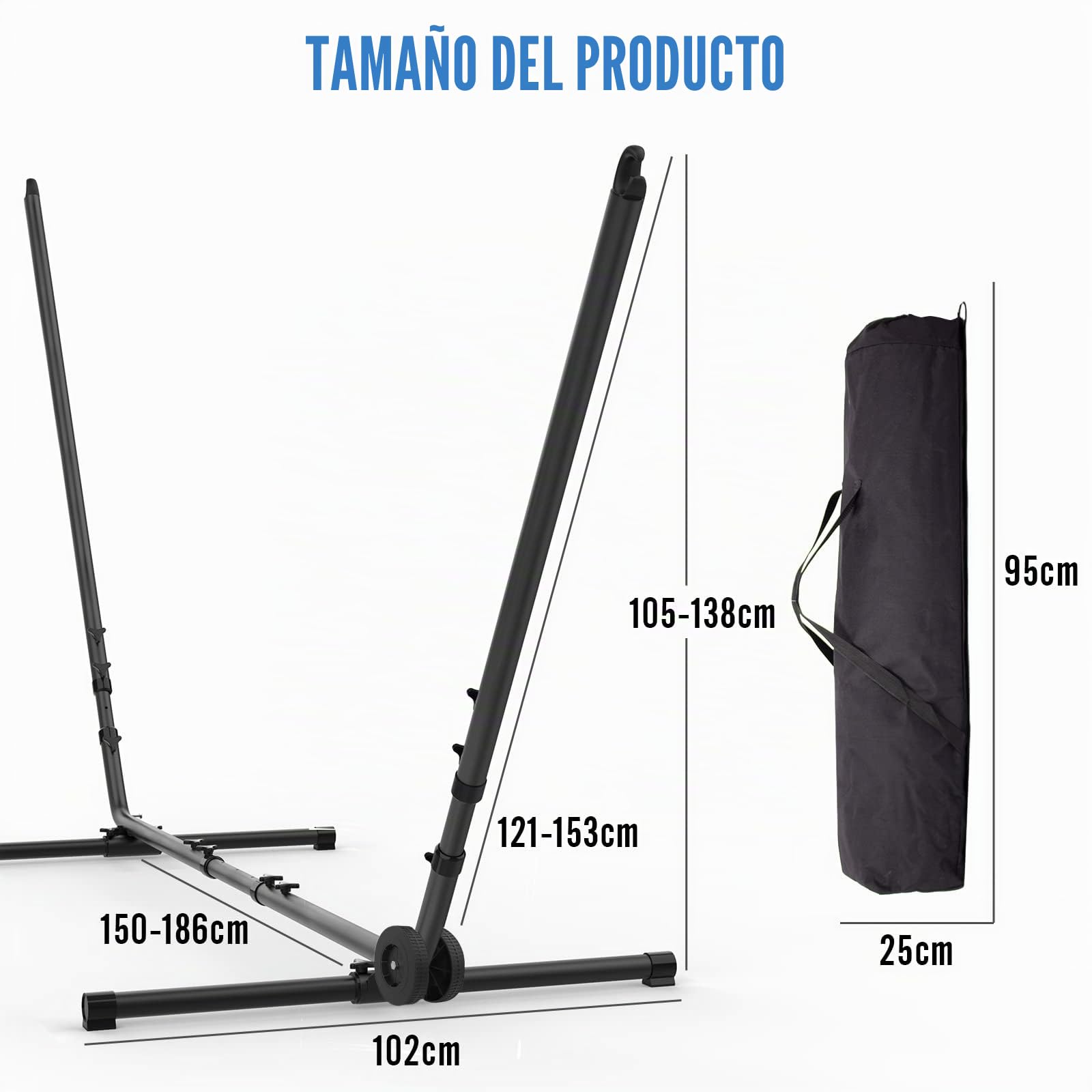 Todeco Soporte de Suelo para Hamaca Con Ruedas y Bolsa de transporte, Accesorios: Hamaca no incluida, Tamaño: 296-380 x 107-132 x 100 cm