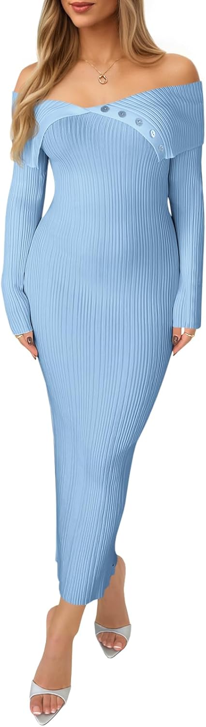 Saodimallsu Womens Off The Shoulder Sweater Dress Long Sleeve Bodycon Ribbed Knit Cocktail Party Formal Midi Dresses