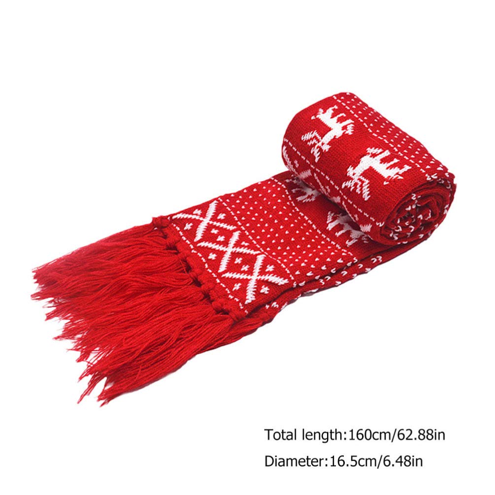 Bufanda de Navidad Navidad reno copo de nieve bufanda invierno cálido tejido rojo largo con borlas 5